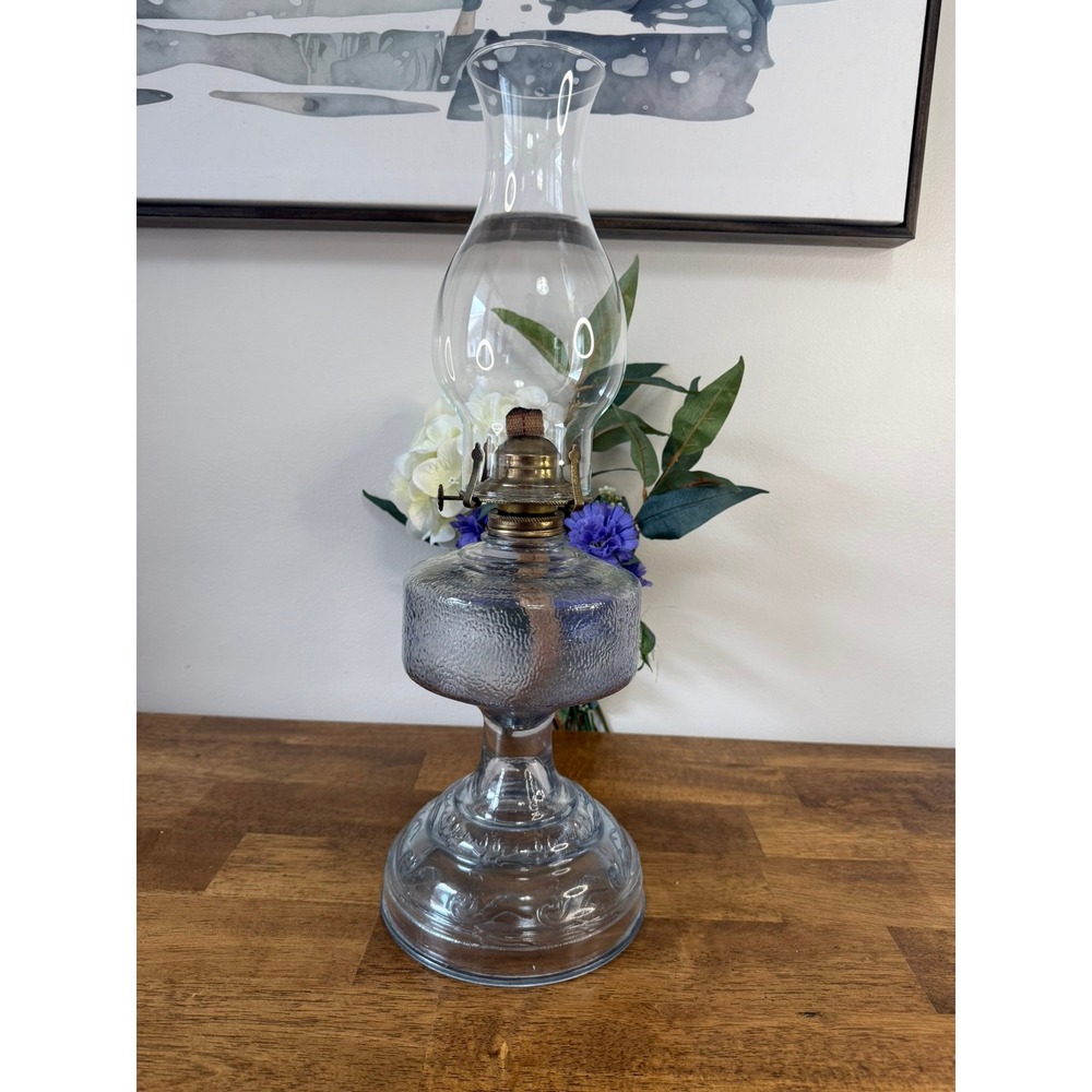 Vintage Light Blue Glass Oil Lamp UV Reactive Pink Glow Farmhouse Decor Lighting